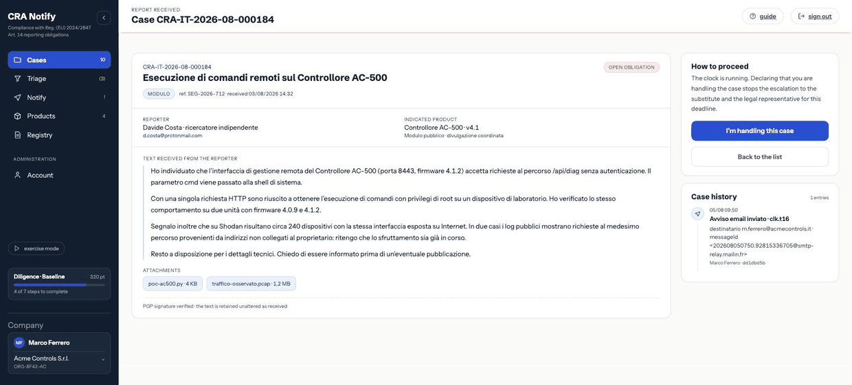 Detail of a case in the obligation state: the report received, attachments, chronology and the «how to proceed» panel with the take-charge button.