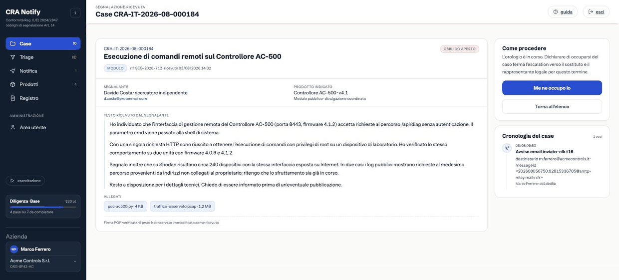 Dettaglio di un case in stato obbligo: segnalazione ricevuta, allegati, cronologia e riquadro «come procedere» con il pulsante di presa in carico.
