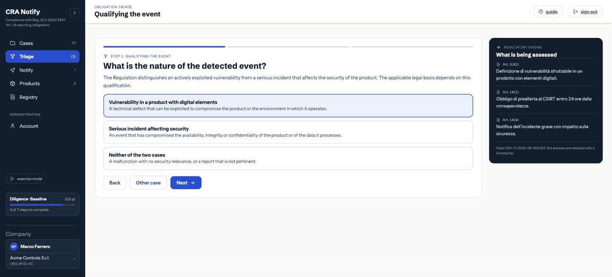 The first triage step: the question on the nature of the event with three options and, on the right, the regulatory engine panel listing the articles applied.